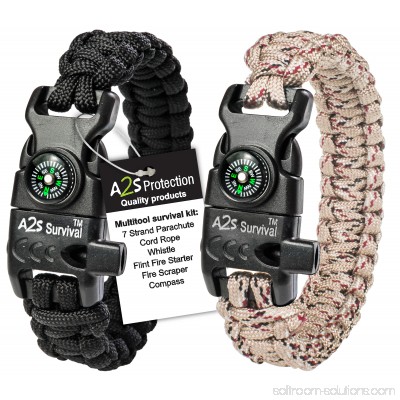 A2S Protection Paracord Bracelet K2-Peak - Survival Gear Kit with Embedded Compass, Fire Starter, Emergency Knife & Whistle Black / Red Adjustable size
